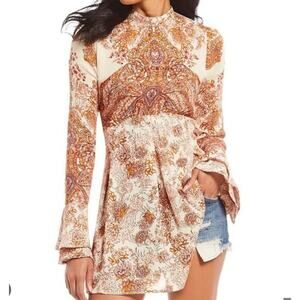 FREE PEOPLE Lady Luck Bell Sleeve Print Tunic or Mini Dress In Ivory Size XS